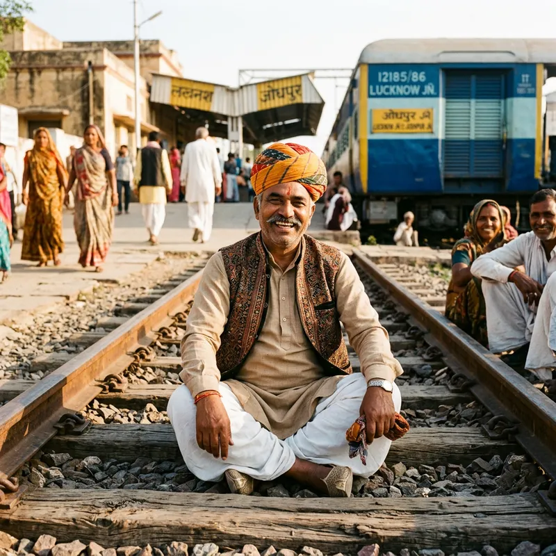 Narendra Modi in Traditional Rajasthani Attire on Rustic Railway Track