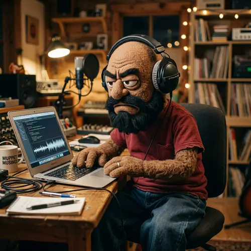 Grumpy Muppet Character at Laptop