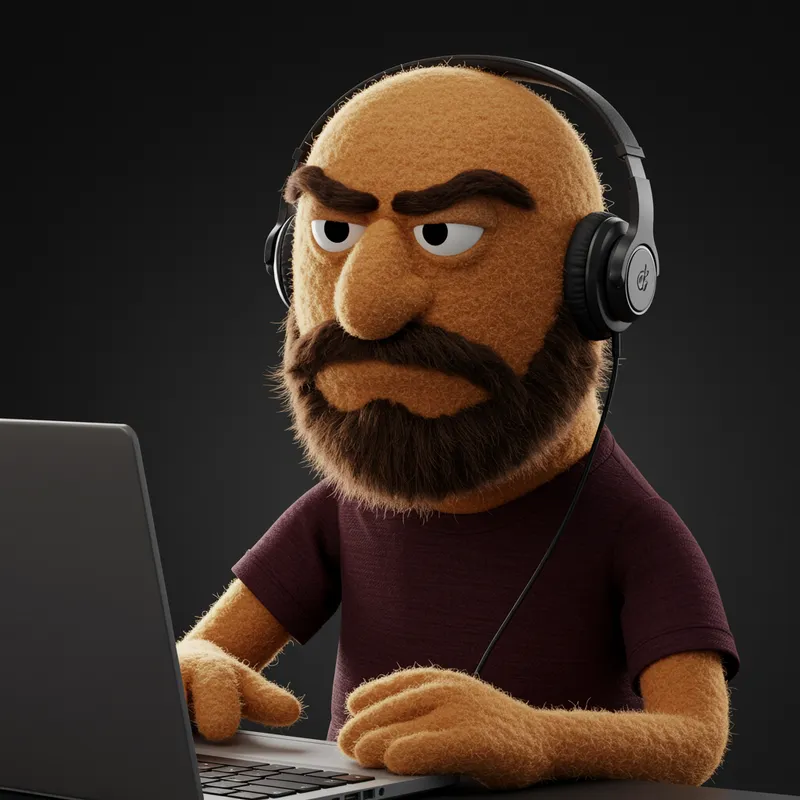 Grumpy Muppet Character at Laptop