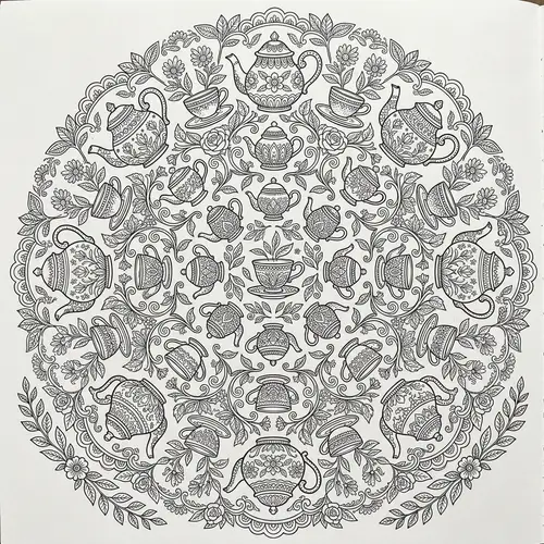 Symmetrical Mandala Design with Teapots and Cups