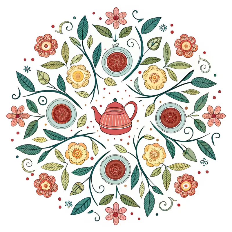 Symmetrical Mandala Design with Teapots and Cups