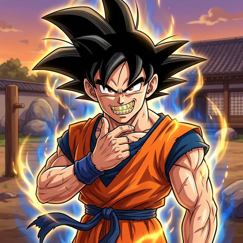 Muscular Anime Protagonist With Flamboyant Grillz - Goku Inspired Muscular Anime Protagonist With Flamboyant Grillz - Goku Inspired