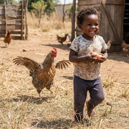 Playful African Child Escapes Hen with Stolen Eggs