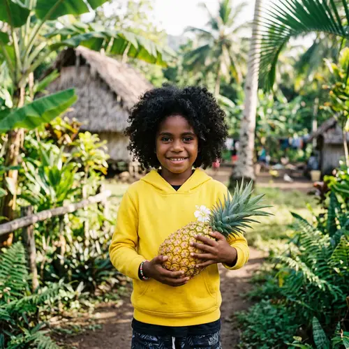 Sweet Melanesian Girl with Curly Black Hair Holding Pineapple