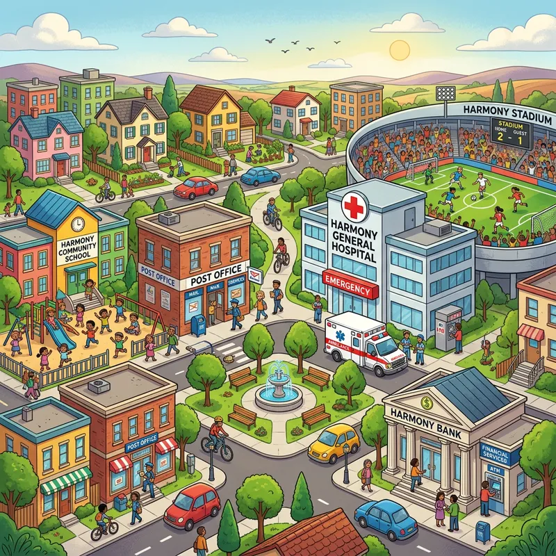 Colorful Cartoon Town Planning: Residential Buildings, School, Post Office, Hospital, Stadium, Bank
