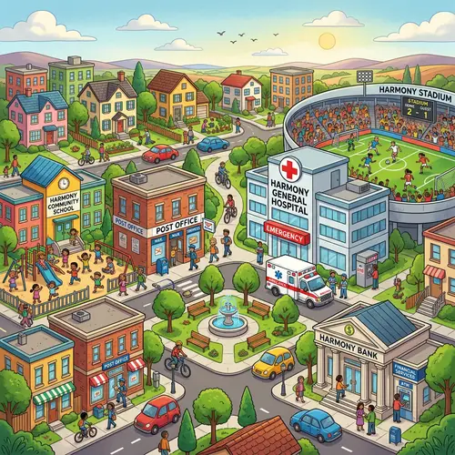 Colorful Cartoon Town Planning: School, Hospital, Stadium & Bank