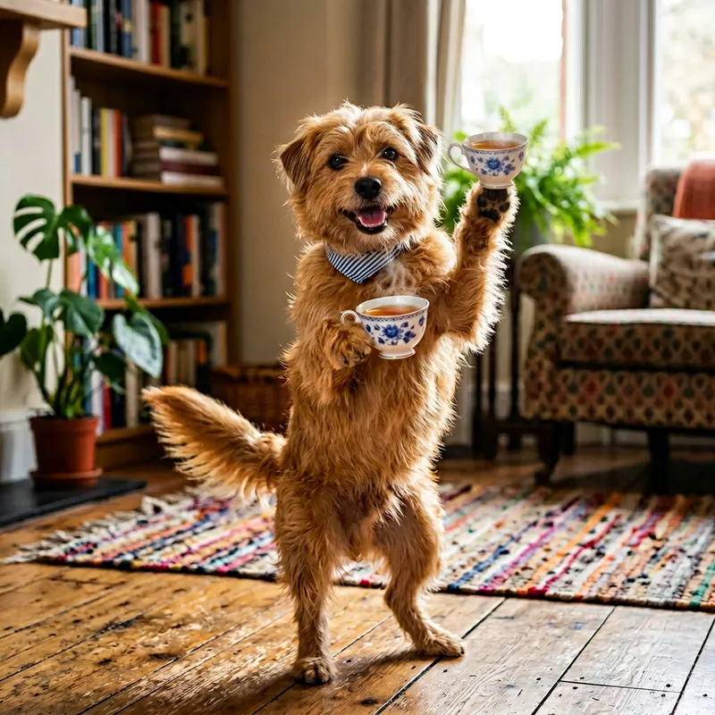 Playful Dancing Dog with Tea Cup | Joyful and Cute