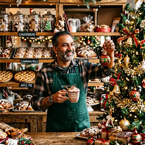 South Asian Baker Surrounded by Freshly Baked Goods and Christmas Decor