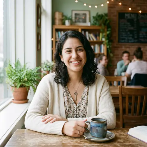 Charming Hispanic Woman in Cozy Cafe | Portrait Genre