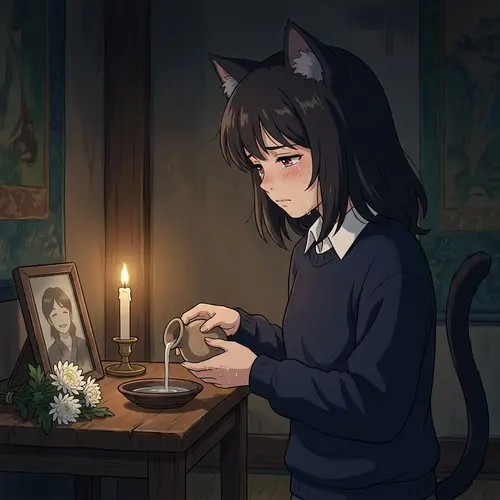 Melancholic Neko Anime Catgirl Performing Honoring Ceremony