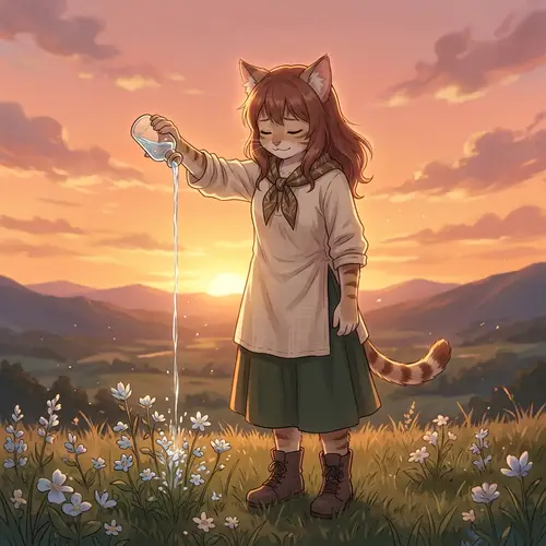 Anime Cat Girl Pouring Tribute - Emotional Moment