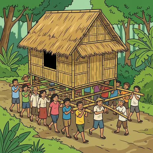 Forest Bayanihan: Villagers Placing Bamboo Poles Under House
