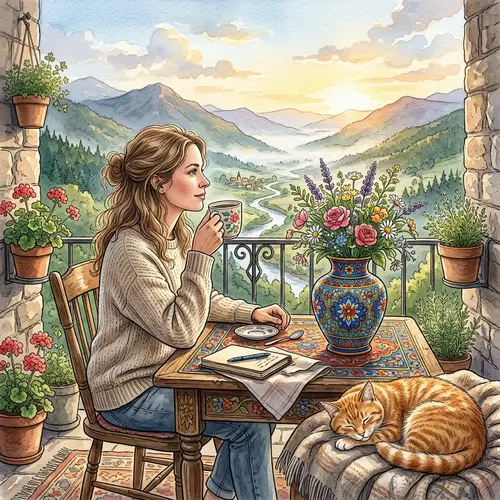 Beautiful Caucasian Woman Enjoying Morning Coffee | Exquisite Landscape View