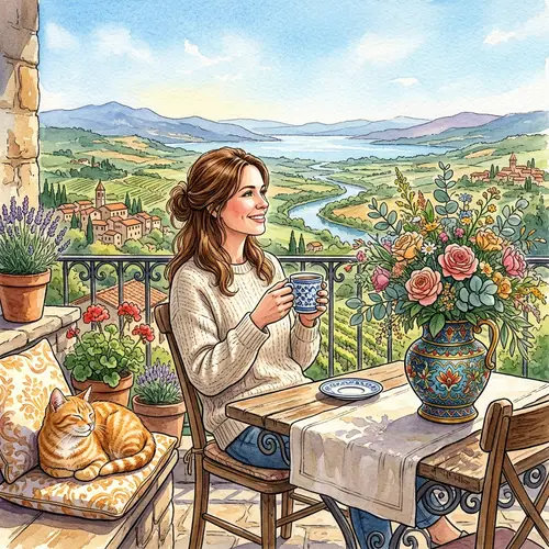 Morning Coffee with Scenic View featuring Graceful Woman and Content Cat