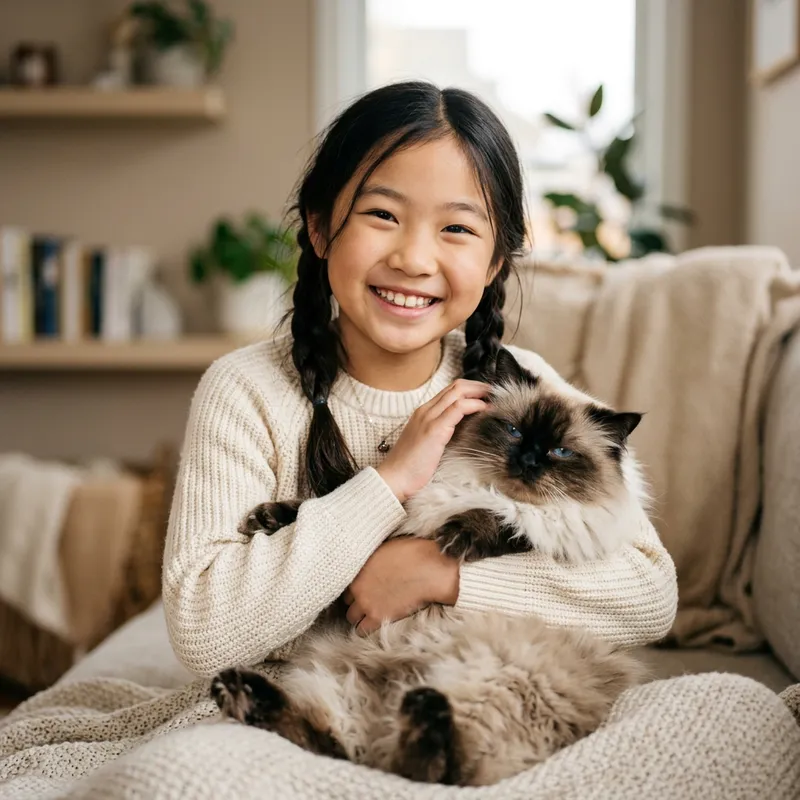 Cheerful Asian Girl with Fluffy Himalayan Cat | Heartwarming Scene