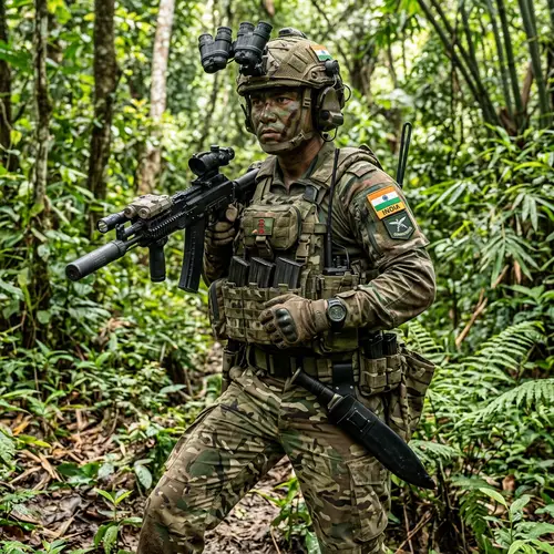 Indian Gurkha Soldier in Jungle Camouflage with AK-74 Rifle