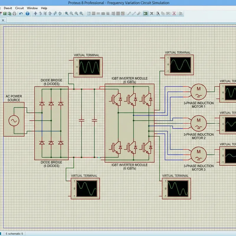 Variable Frequency Circuit with 3 Motors, 6 Diodes, 6 IGBTs