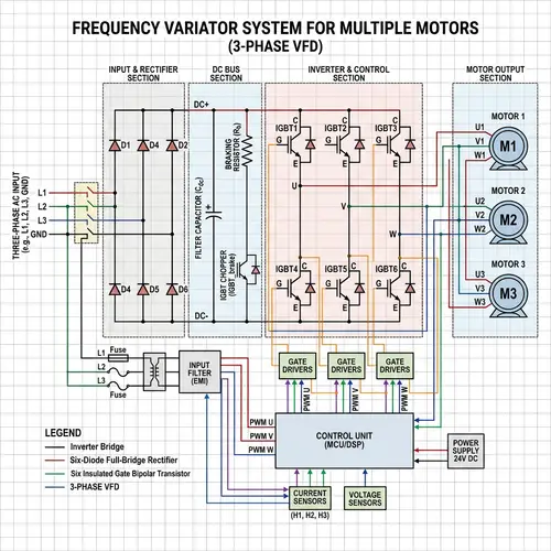 Frequency Variator Circuit with Motors, Diodes, and IGBT