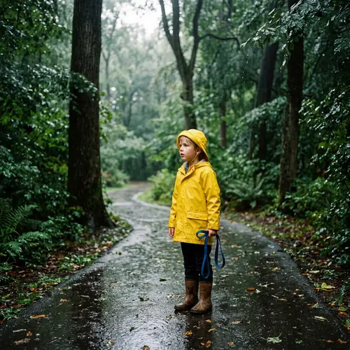 Young Boy Searching for Lost Dog in Rain