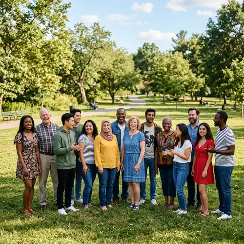 Diverse Group Photo in Park with Trees and Sunlight