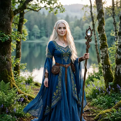 Half Elf Druid with White Blonde Hair in Blue Dress