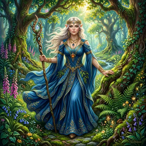 Mystical Half-Elf Druid with Ethereal Beauty in Nature Painting