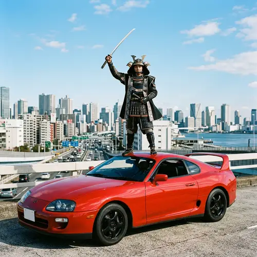 Fiery Red Toyota Supra with Samurai in Modern Setting