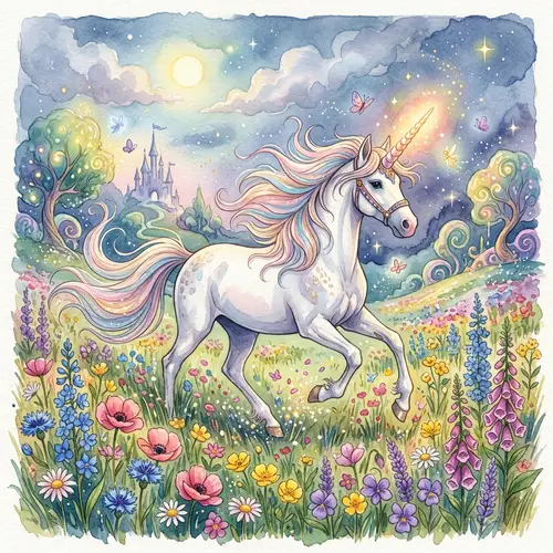 Whimsical Unicorn Galloping Through Colorful Flower Field