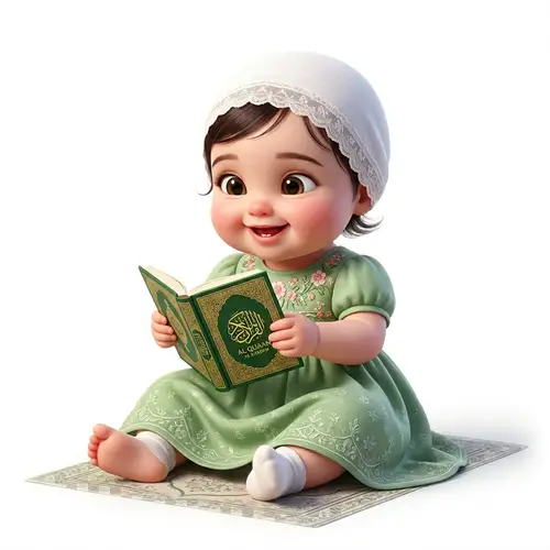 Cute Baby in Green Dress Holding Quran - 3D Animation
