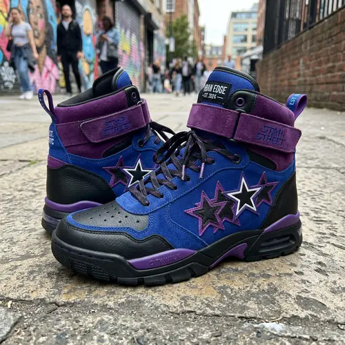 Bold Blue, Purple & Black High-Top Sneakers with Urban Streetwear Style