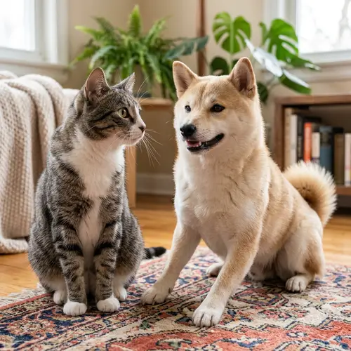 Interacting Feline and Shiba Inu | Fur Textures and Expressive Features