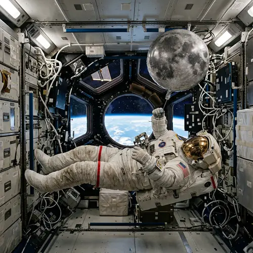 Realistic Astronaut in Zero Gravity with Moon Balloon