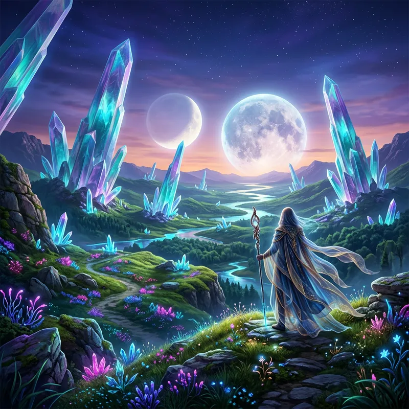 Surreal Twilight Landscape with Crystal Formations Surreal Twilight Landscape with Crystal Formations