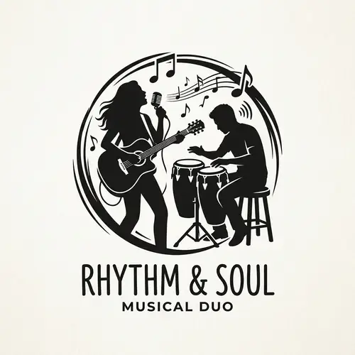 Musical Duo Logo: Guitarist & Conga Player Silhouette