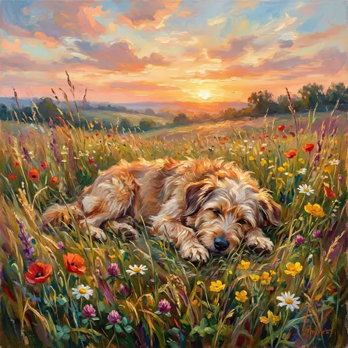 Tranquil Canine Resting in Sunlit Field - Nature Painting