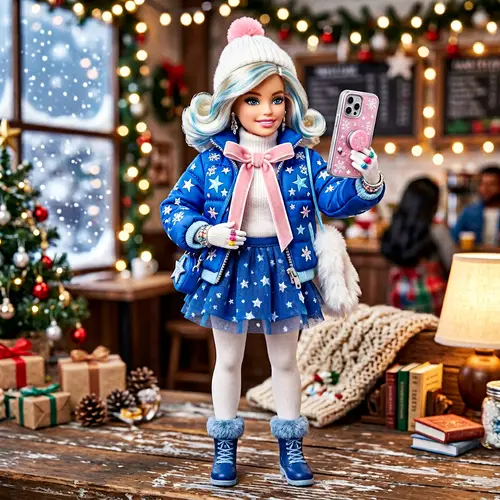 Fashionable Winter-Inspired Doll with Vibrant Blue Outfit and Smartphone