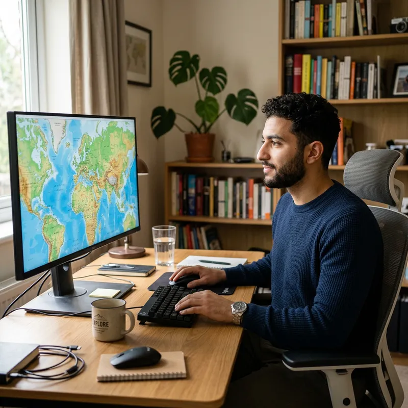 Young Man Working on Computer with World Map Display