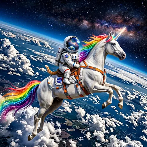 Rainbow Unicorn Flying with Astronaut Cat