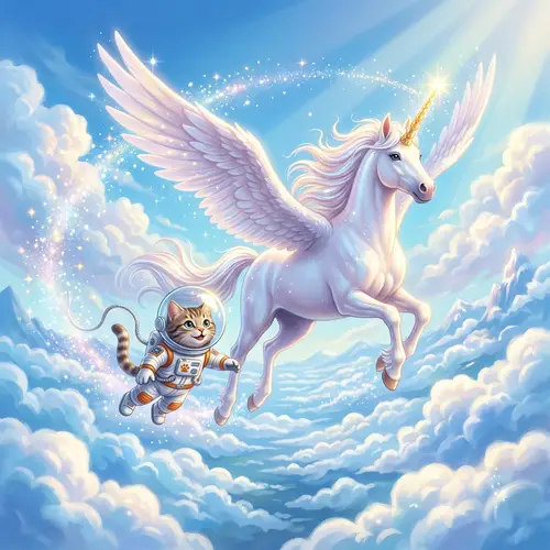 Majestic Unicorn Flying with Astronaut Cat - Fantasy Sky Adventure