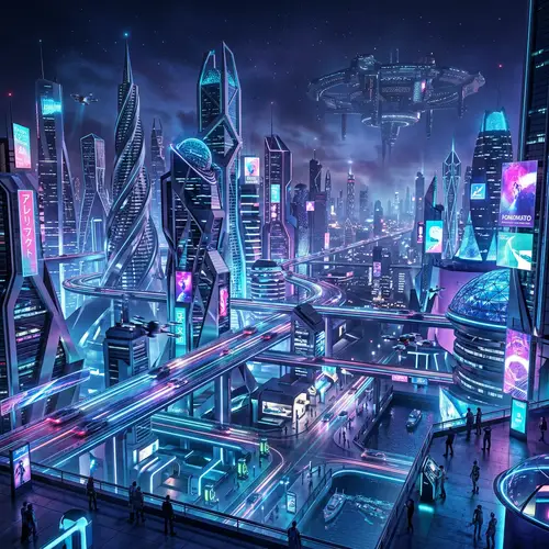 Abstract Futuristic Cityscape with Neon Lights