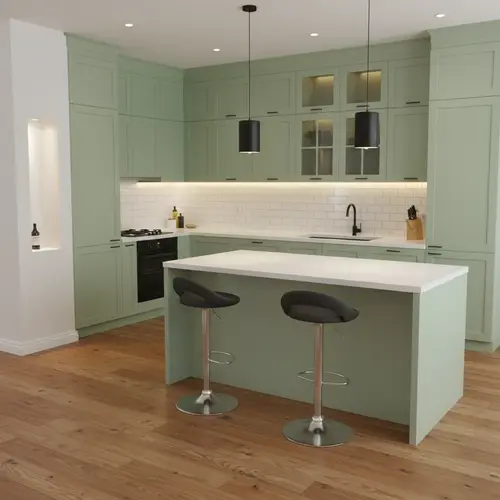 Elegant Kitchen Redesign: Salvia Green & Quartz Detail