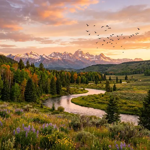 Tranquil Landscape with Majestic Mountains and Meandering River