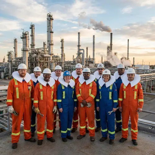 Oil Refinery Workers with Large White Collars | Industrial Formality