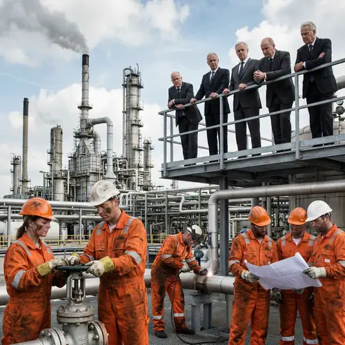 Diverse Oil Refinery Workers with Traditional Landlords