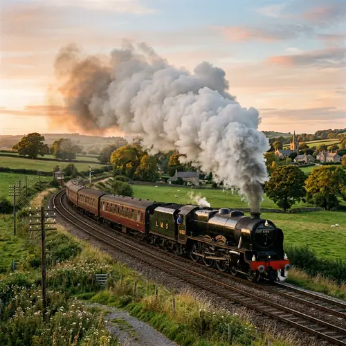 Vintage Steam Train on Railroad Track in 1938 Rural Landscape