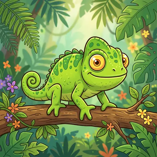 Green Cartoonish Chameleon Sitting On Four Legs