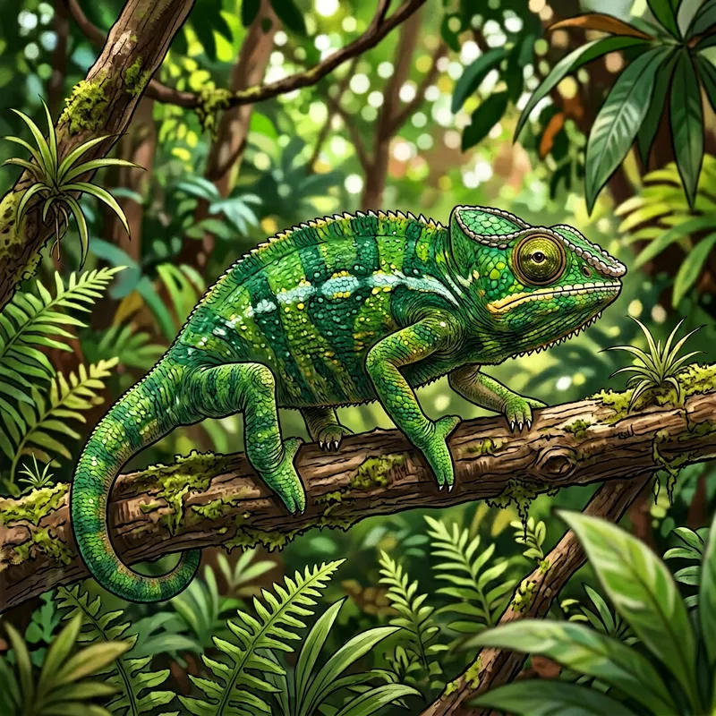 Green Chameleon on Four Legs - Exotic Reptile Image