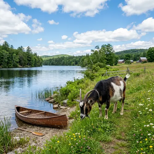Tranquil Lake Scene with Goat Grazing | Rural Beauty