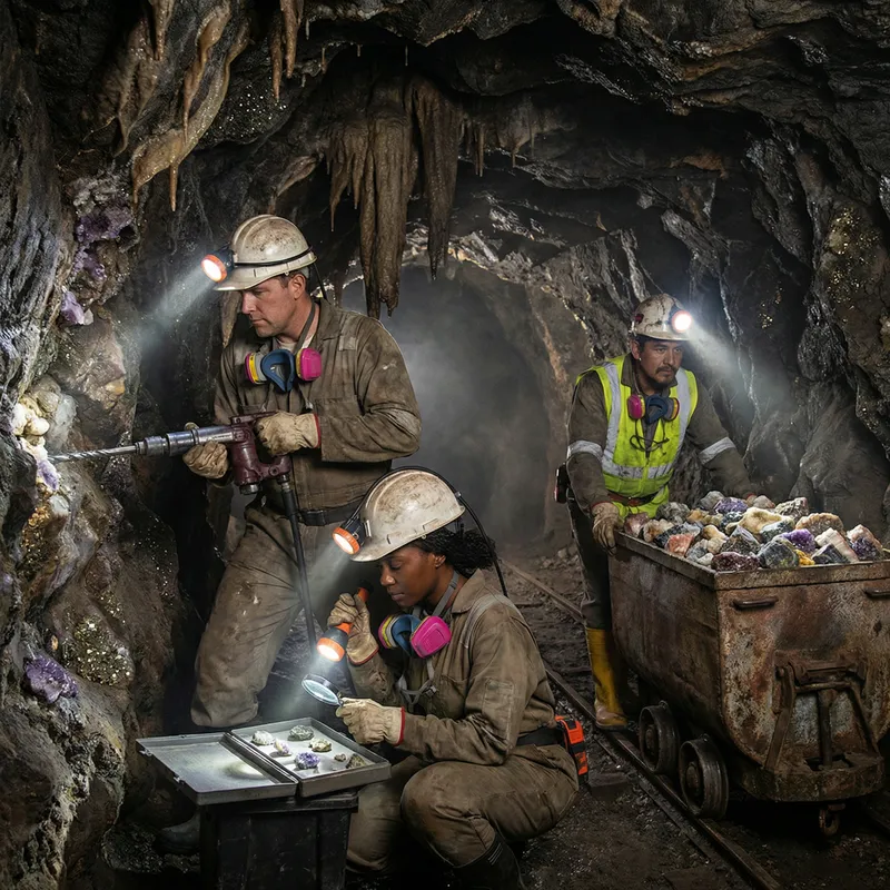 Colorful Stone Mine Exploration and Miners in Gear