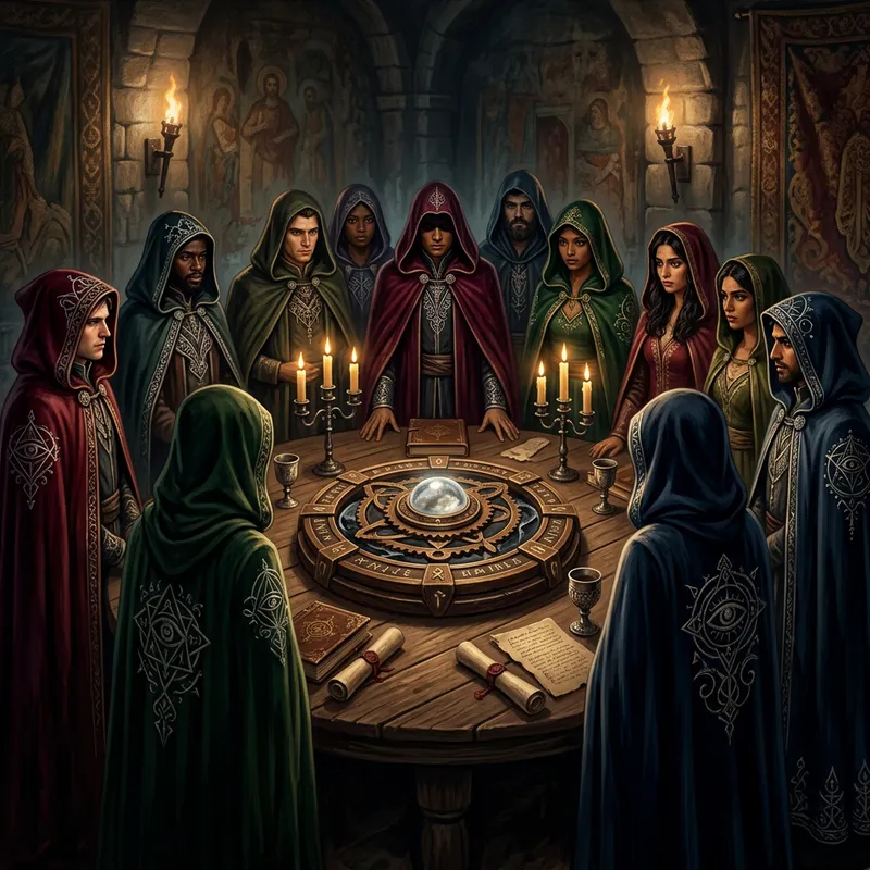 Enigmatic Secret Society Gathering | Diverse Crowd, Mysterious Cloaks